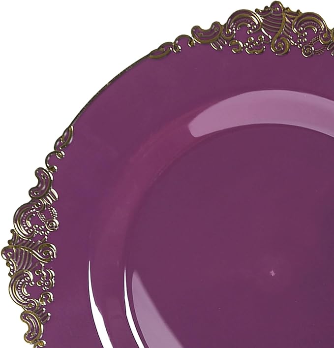 Efavormart 10 Pack | 10" Purple and Gold Baroque Dinner Plates, Leaf Embossed Metallic Rim Heavy Duty Serving Plates for Vibrant Royal Celebrations