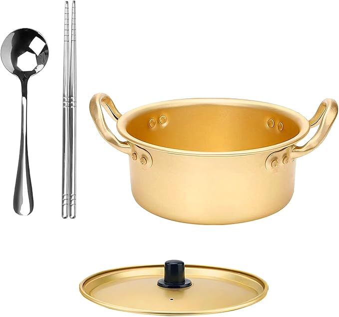 Korean Ramen Pot, Noodle Pot With Lid Spoon And Chopsticks (1pair), Korean Cookware Ramen Pots For Kitchen Cookware, 6.3 Inch (6.3"D x 6.3"W x 3"H)