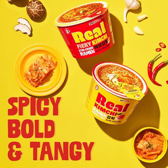 Instant Ramen Cup Noodles [STIR FRY Kimchi | 6 CUPS/Pack] – Healthy, Bold & Tangy | Korean Spicy Noodle Soup with Real Fermented Kimchi | 0 Trans Fat | Easy to Cook Meal or Snack - O’food
