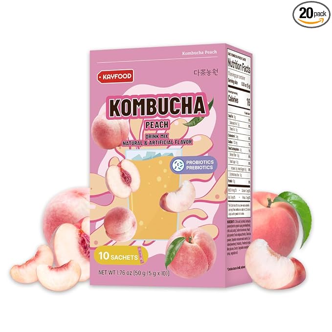 KAYFOOD-Kombucha-Peach-Garden-Daily Zero Sugar, Diet, Gut Healthy Sparkling Beverage, Fermented Korean Drinks for Iced, Hot, Workout Tea (10ST)