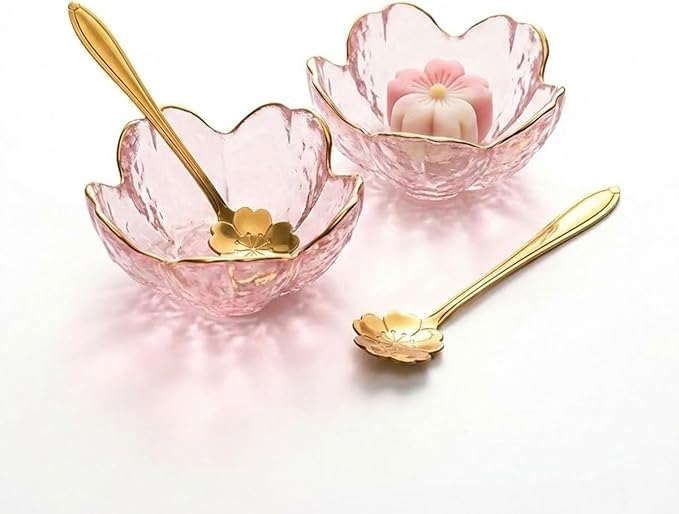 3.3” Small Sakura Dipping Bowls Set with Gold Spoons，Pink Glass Sauce Dishes with Gold Trim for Soy Sauce, Sushi, Snacks, and Party Appetizers（2 Bowls+2 Spoons）