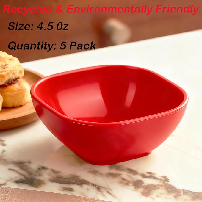 Dipping Bowls, Wheat Straw Bowls Set of 5-4.5 OZ Unbreakable Dipping Cups for Side Dish, Ketchup, Soy, BBQ, Dessert, Sushi, Party, Condiments Serving (Red)