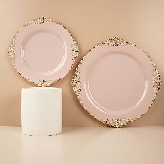 Efavormart 10 Pack | 8" Blush Rose and Gold Baroque Dessert Plates, Leaf Embossed Metallic Rim Heavy Duty Appetizer Plates for Romantic Showers