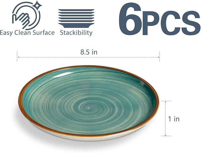 ONEMORE Ceramic Dinner Plates Set of 6, 8.5 inch Small Stoneware Plates for Appetizer, Salad and Dessert. Oven, Microwave and Dishwasher Safe Plate, Stackable, Rustic Kitchen Porcelain Dish, Teal
