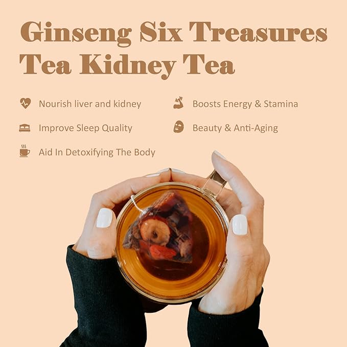 Kidney Tea Formula Ginseng Six Treasure Tea - Pure Natural Chinese Traditional Herbal Ginseng Six Treasure Kidney Detoxification Purification Tea Bag, Contains 7 Precious ingredient Formulas （60 bags/2 Pack)