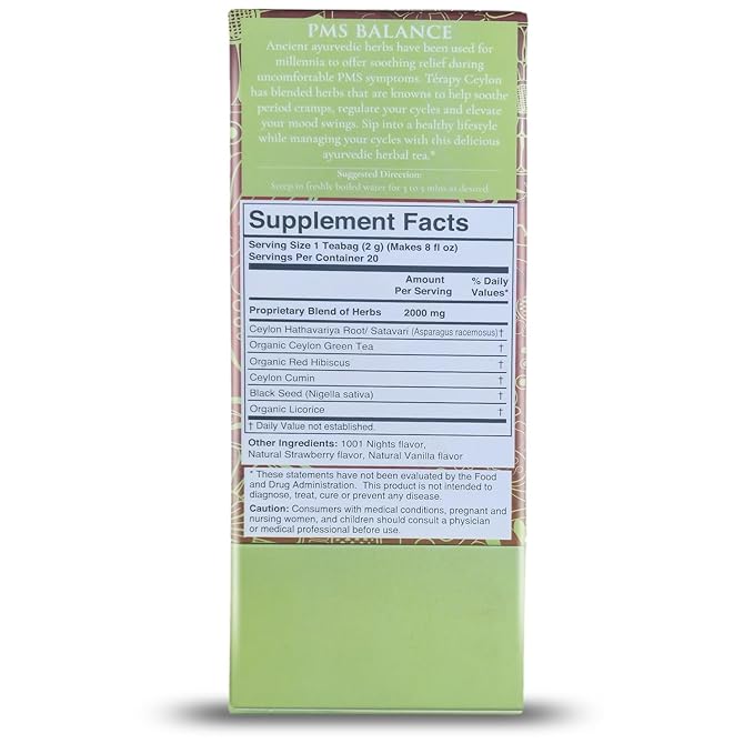 TERAPY Ceylon PMS Balance Tea for Women - Period Tea for PMS Relief, Menstrual Cycle and PCOS, Herbal Blend with Shatavari, Red Hibiscus, Cumin & More - No Artificial Additives - 20 Teabags, 1 Pack