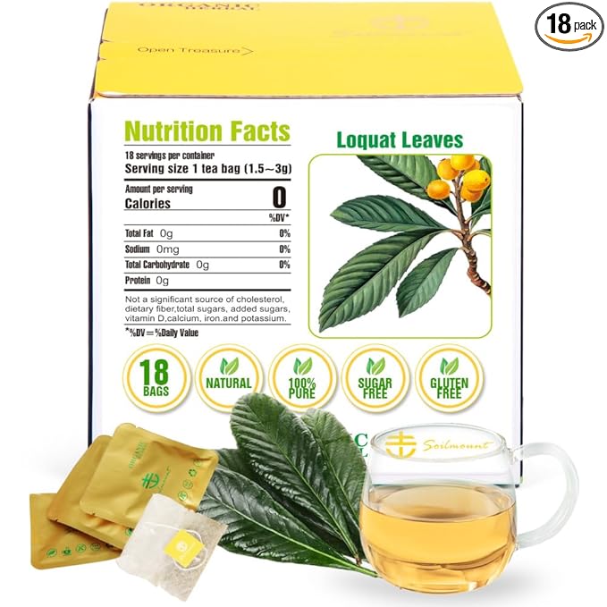 Soilmount - Loquat Leaf Tea - |Eriobotrya Japonica Tea|枇杷叶|Pipaye|비파엽| - Pure Herbal Tea - Natural, Organic, Non-GMO, Clean Ingredients, Caffeine Free (18 Tea Bags, Box 1)