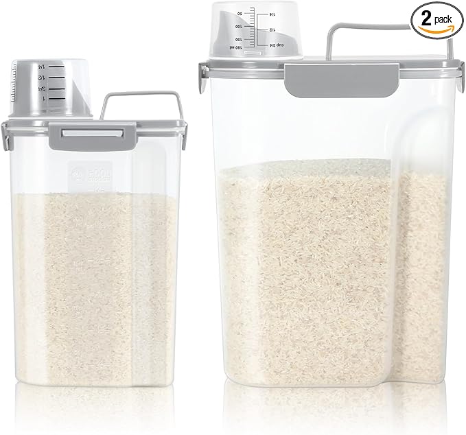 TBMax 2 Pack Airtight Rice Container 5 Lbs +10 Lbs, Cereal Container Oatmeal Storage with Easy-pouring Spout & Handy Cup for Flour Grain Beans, Pet Dog Cat Bird Food Storage Dispenser -Light Grey