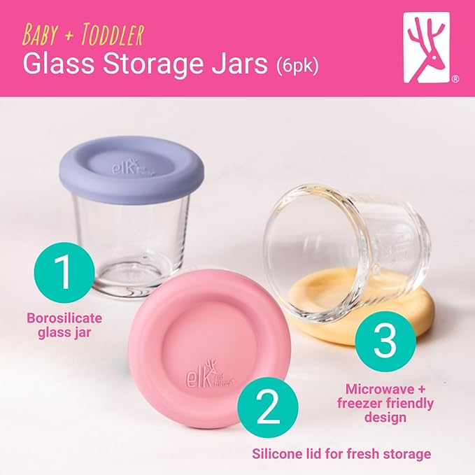 Elk and Friends 4oz Borosilicate Glass Baby Food Storage Jars with Silicone Lid | Strong Glass | Set of 6 | Microwave, Oven & Dishwasher Safe | Infant and Babies