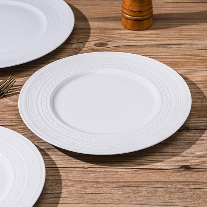 10 Inch Porcelain Dinner Plates Set of 4,Serving Dishes,White,Embossed,Heat Resistant,Scratch Resistant,Highly Glossy Glaze,Dishwasher safe,Microwave safe (Wade 10'')