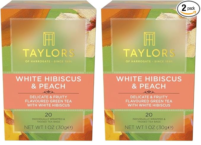 Taylors of Harrogate White Hibiscus & Peach, Green Tea Individually Wrapped Bags, 20 Count, Delicate, Fruity and Sweet, Caffeinated, Enjoy Hot or Iced, 20 Teabags (Pack of 2)