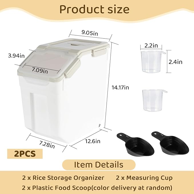 Rice Storage Container 25 lbs Large Household Flour Sugar Containers Airtight Grain Cereal Dispenser with Wheels, Locking Lid & Measuring Cup for Kitchen Pantry Organization, 2 Pack(Grey)