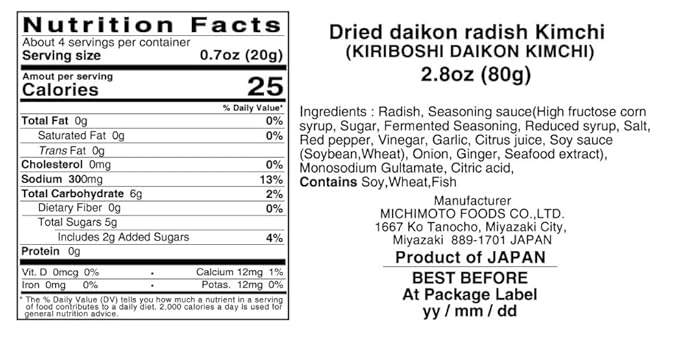 MICHIMOTO FOODS Kimchi Daikon Radish 2.8 oz (80 g) Mild & Crispy, Japanese Fermented Pickles, with No Artificial Colors or Preservatives Added
