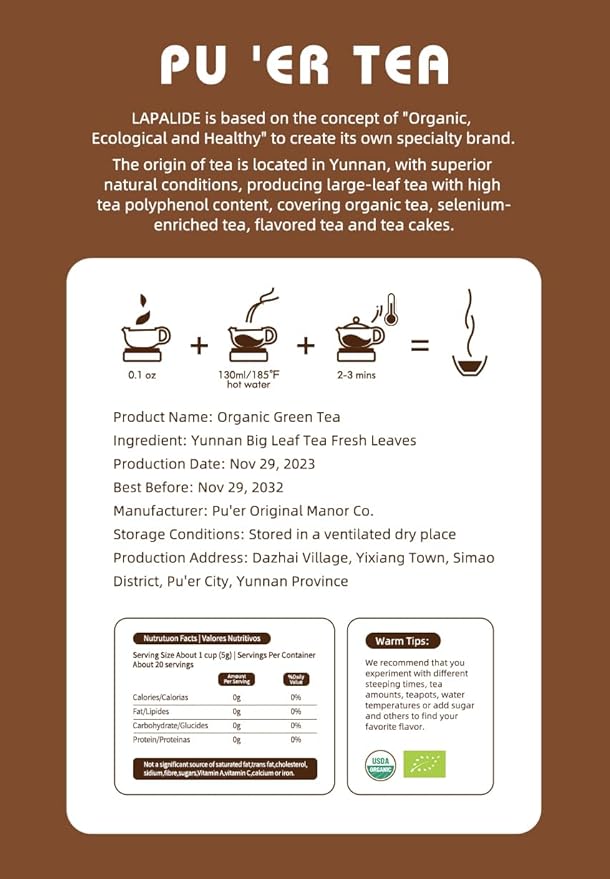 LAPALIDE 3.53 Oz Puerh Tea Loose Leaf, USDA Organic Pu erh Tea, Yunnan Puerh tea loose leaf Mellow and Rich, Improved Pu'er Ancient Tree Leaves Using Dry Storage