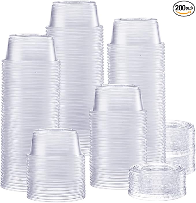 GUSTO 2 oz Jello Shot Cups with Lids [200 Count] Clear Plastic Portion Containers, Condiment Cups for Sauces, Dressings & Samples – Durable, Stackable, Leak-Resistant (Formerly Comfy Package)