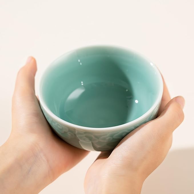 4.5" Green Porcelain Bowls Set of 2,Genuine Longquan Celadon 9.8 Oz Rice Bowls -Sky Cyan