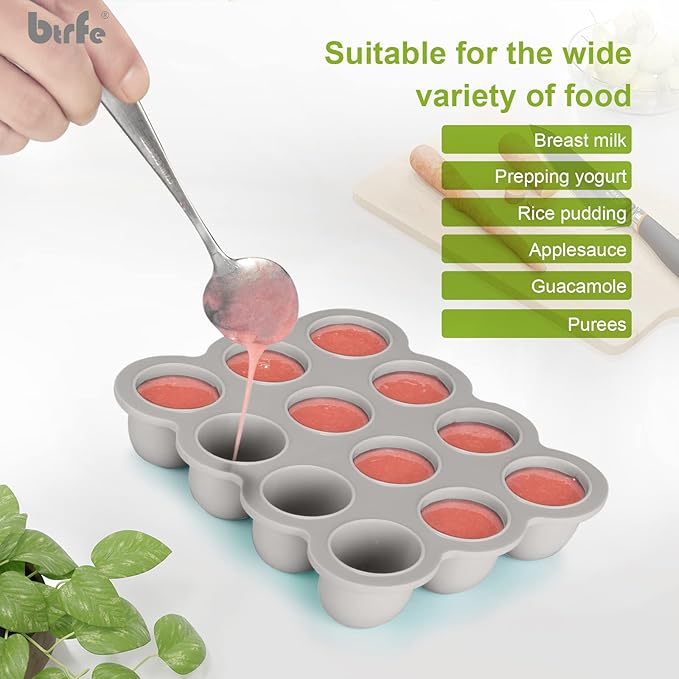 Baby Food Storage Container - 1.5oz x 12 Pods Silicone Freezer Tray with Lid for Homemade Baby Food, Fruit Purees, Vegetable & Breast Milk (Grey)