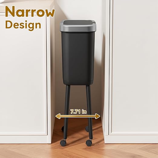 Procade Slim Kitchen Garbage Cans with Legs and Wheels,4Gallons Capacity Narrow Bathroom Wastebasket with Pop-Up Lid,Covered Black Office TrashCans for Near Desk,Plastic Trash Can for Bedroom,Dorm
