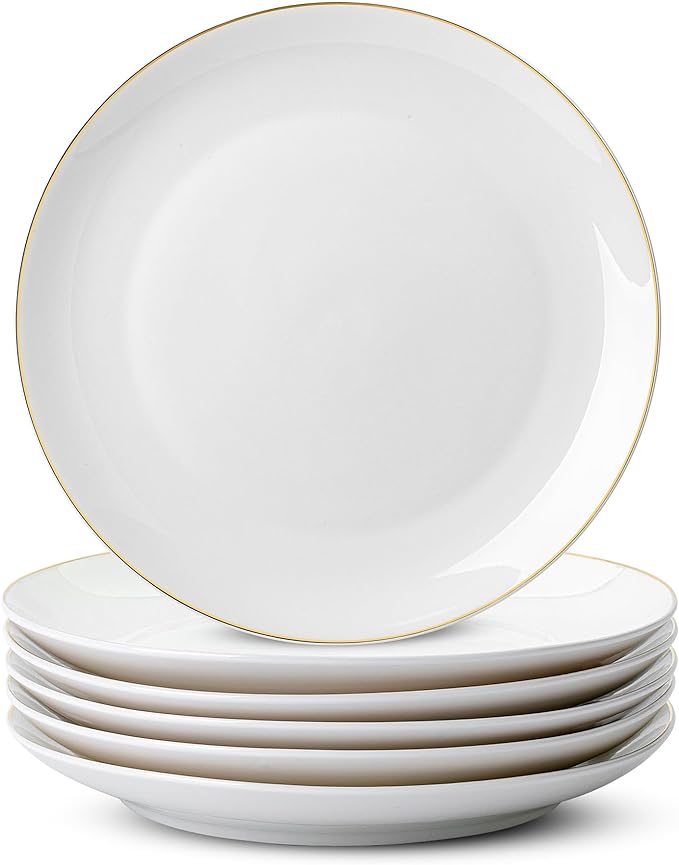 BTaT- White Porcelain Dinner Plates with Gold Rim, Set of 6, 10.5", Porcelain Dinner Plates