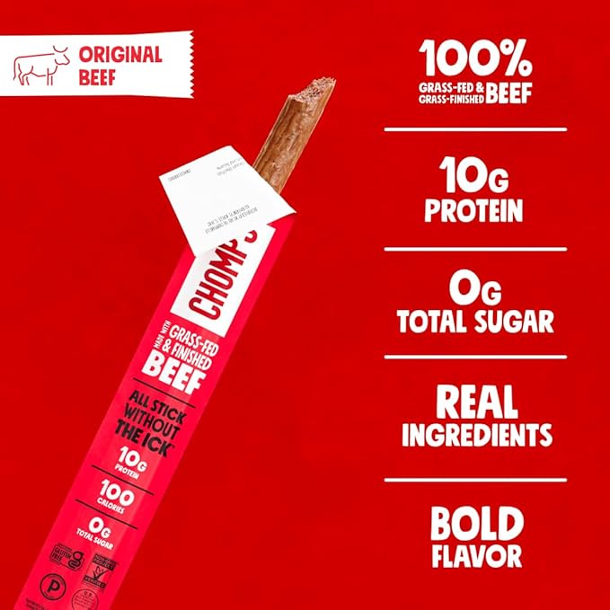 Chomps Grass-Fed and Finished Original Beef Jerky Snack Sticks 10-Pack - Keto, Paleo, Whole30, 10g Lean Meat Protein, Gluten-Free, Zero Sugar Food, Non-GMO