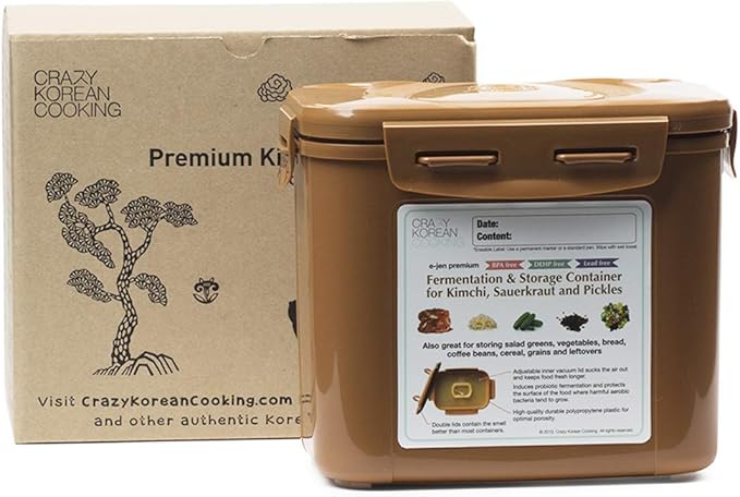 Crazy Korean Cooking Premium Kimchi, Sauerkraut Fermentation and Storage Container with Inner Vacuum Lid, Sandy Brown, 0.9 gallon (3.4 L) (0.9 Gal (3.4L) 1 PACK)