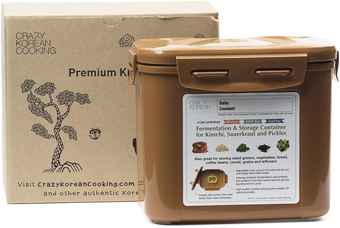 Crazy Korean Cooking Premium Kimchi, Sauerkraut Fermentation and Storage Container with Inner Vacuum Lid (0.4 Gal Sandy Brown (1.7L))