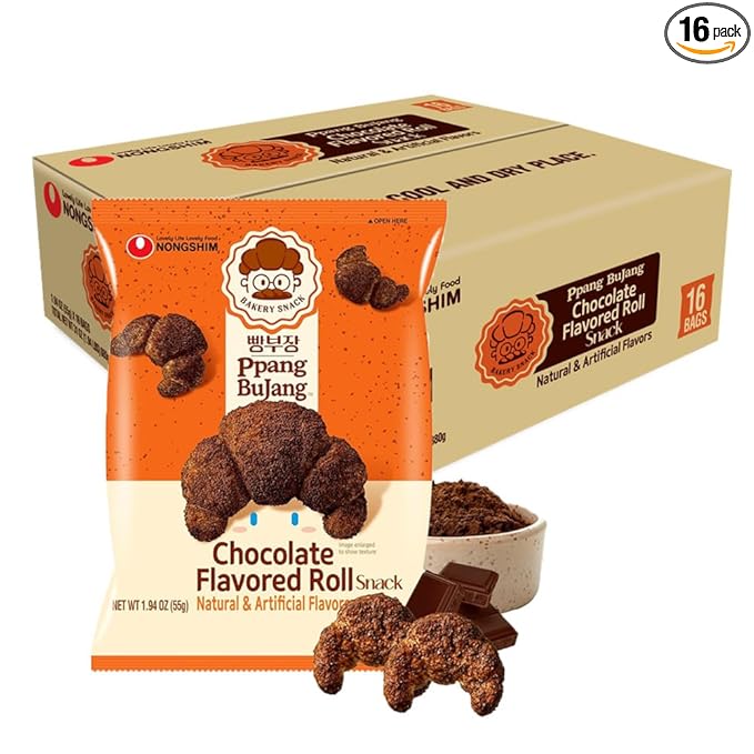 Nongshim Ppang Bujang Chocolate Flavored Roll Snack - Chocolate Flavor Croissant Bakery Good with Cocoa Powder, Soft and Crunchy Korean Snack, 1.94 oz (Pack of 16)