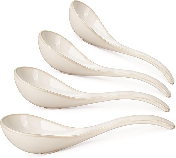 Artena Chinese Soup Spoons, Ceramic Asian Spoons with Deep Arc Anti-Roll Design, 6.85 Inch Set of 4, Perfect for Ramen, Pho, Wonton Soup as Japanese Soup Spoon, Korean Spoon (Creamy White)