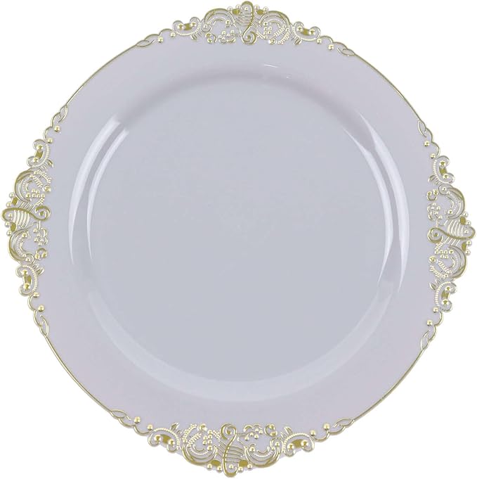 Efavormart 10 Pack | 8" Gray and Gold Baroque Dessert Plates, Leaf Embossed Metallic Rim Heavy Duty Appetizer Plates for Modern Loft Weddings