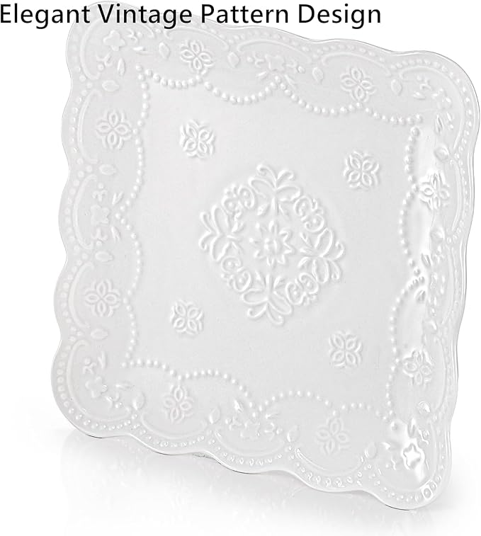 Tebery Set of 4 Square Embossed Ceramic Plate, 10 Inch Elegant Dinner Plates Ivory White, Appetizer Salad Serving Plates Kitchen Plates for Christmas Afternoon Tea Banquet Wedding Party Steak Pasta