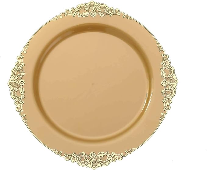 Efavormart 10 Pack | 10" All-Gold Baroque Dinner Plates, Leaf Embossed Metallic Rim Heavy Duty Serving Plates for Prestigious Ballroom Events