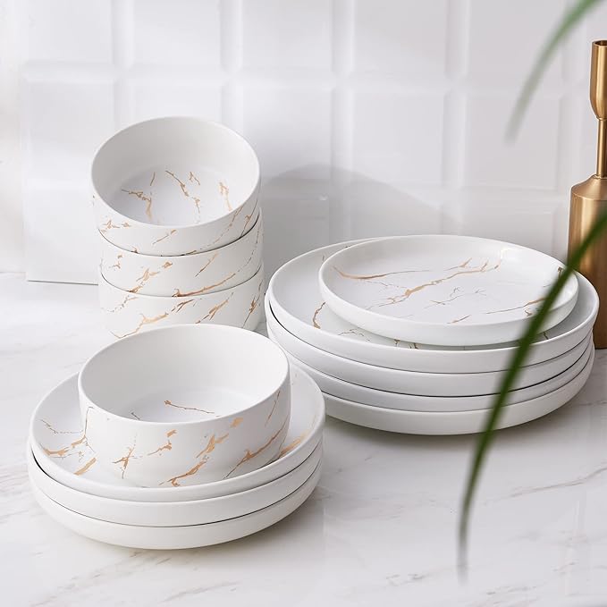 Pokini White Gold Splash Dinnerware Sets, 12 Pieces Fine China Marble Plates and Bowls Sets, Modern Porcelain Dish Set for 4, Luxury Dinner Set for Formal Dinners and Weddings
