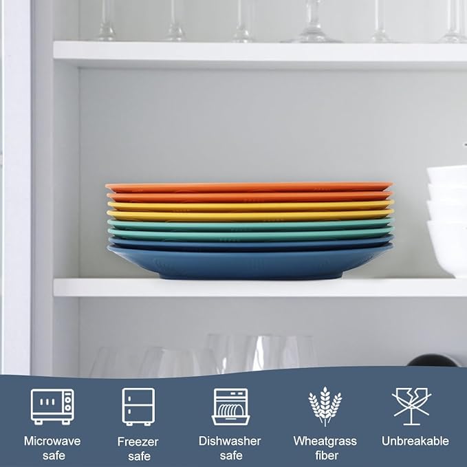 Homienly Wheat Straw Plates Unbreakable Flat Salad Plates Set of 8 Reusable Dinner Plate for Kitchen, Camping, RV, Microwave and Dishwasher Safe Plate Heavy Duty Paper Plates Alternative (Multi, 9in)