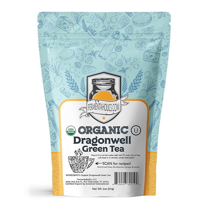 Fermentaholics Dragonwell Green Tea, Longjing – 2 oz – USDA Certified Organic, Kosher Loose Leaf Tea