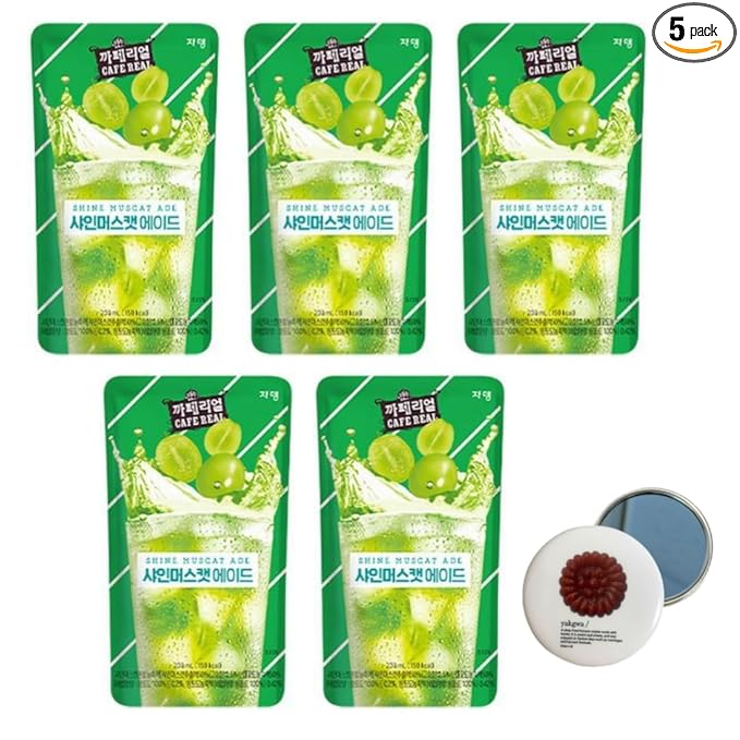 Korean Covenienve Store Drink Pouch Sampler Set - 5 PACK 10 PACK (grape, strawberry, blue lemonade, peach ice tea, shine muscat) + dalgaru mirror (SHINE MUSCAT 5 PACK)
