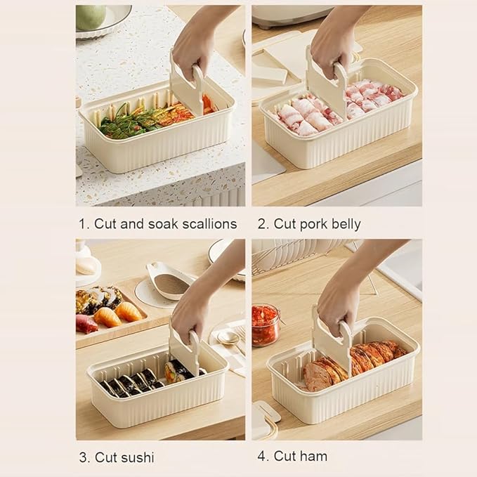 Kimchi Cutter 3 in 1 Food Meat Cutting Storage Container Kit,Kimchi-cutter Sealed Container, Kimchi-Tong Side Dish-Tong Vegetable Tong,Large Capacity Food Dispenser