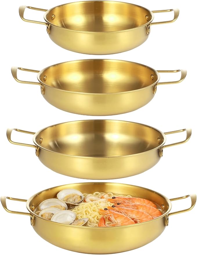 4Pcs Korean Ramen Pot Set,Stainless Steel Ramen Pot with Double Handles, 8.4-10.7 in Diameter Korean Noodle Pot Golden Soup Pots & Cooking Pots for Stove,Pasta,Soup