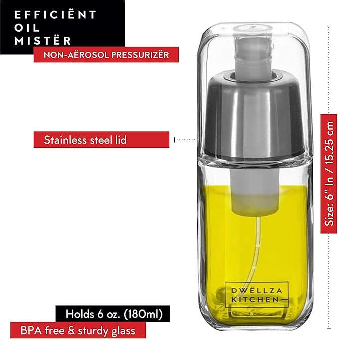 DWËLLZA KITCHEN Olive Oil Dispenser Bottle For Kitchen Set 6 oz Sprayer For Cooking and Glass 17 Oz. Cooking Pour Dispenser With Measurements for Cooking, Airfryer, Salad & BBQ