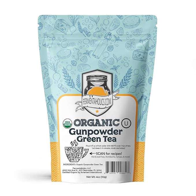 Fermentaholics Gunpowder Green Tea – 4 oz – USDA Organic Loose Leaf – OU Kosher – Great for Jun Kombucha Brewing, Hot or iced tea