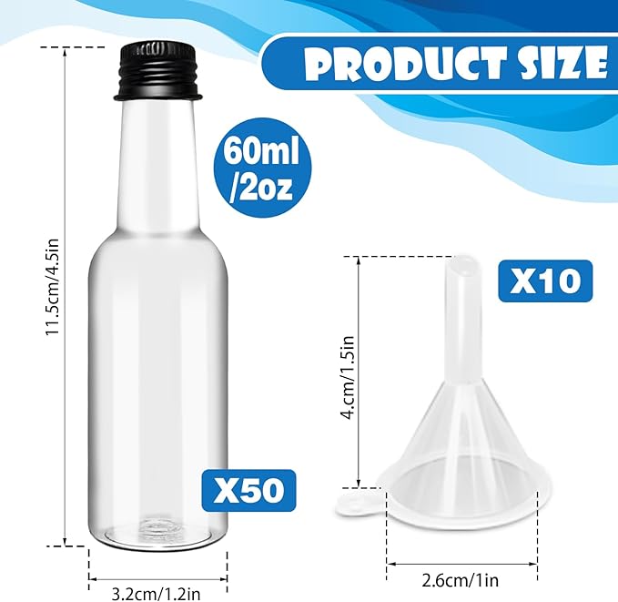 50 Pack 2 oz Mini Liquor Bottles with Black Cap,Airtight Plastic Spirit Bottle with 10 Funnels,Plastic Alcohol Shot Bottles for Weddings,Party Supplies