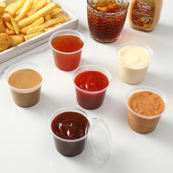 AOZITA [55 Sets - 5.5 oz Portion Cups With Lids, Jello Shot Cups, Small Plastic Containers, Airtight and Stackable Souffle Cups