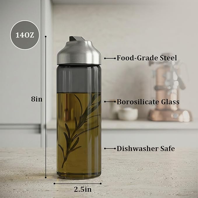 Aelga Olive Oil Dispenser Bottle for Kitchen, 2-Pack 14oz Dark Glass Oil and Vinegar Dispenser Set, Auto Flip Lid, UV-Protected Cooking Oil Cruet with Drip-Free Pour Spout
