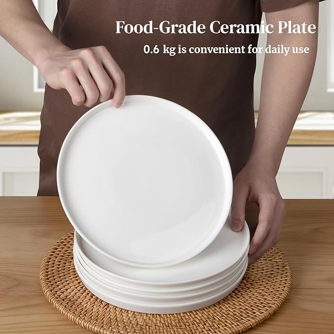 DOWAN 10" Porcelain Dinner Plates Set of 6, Ceramic White Dessert Plates Set for Salad, Pasta, Steak - Appetizer Plates, Dining Plates for Parties, Restaurant - Dishwasher & Microwave Safe - Gifts