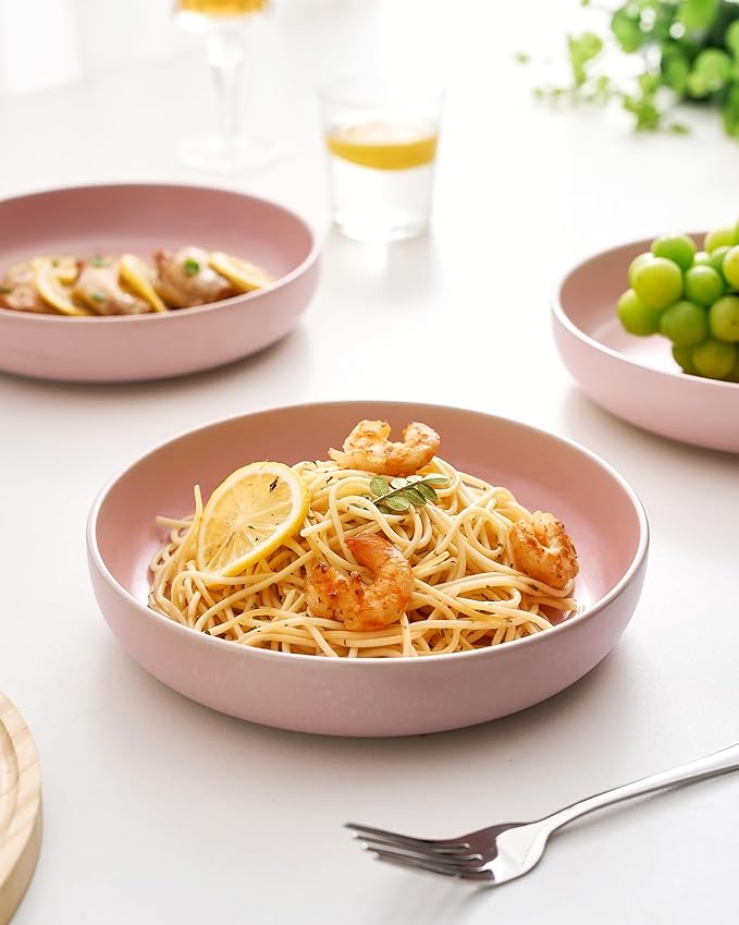 famiware Milkyway Pasta Bowls Set of 8, 33 oz Large Salad Bowls, Double Reactive Glaze, Sturdy & Stackable, Ideal for Housewarming, Festivals, Light Pink