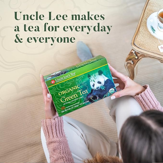Uncle Lee's Organic Green Tea Bags 2-Pack, 106-Count Super Packs – Bright & Refreshing, Lightly Caffeinated Bulk Tea for Home, Office, Camping