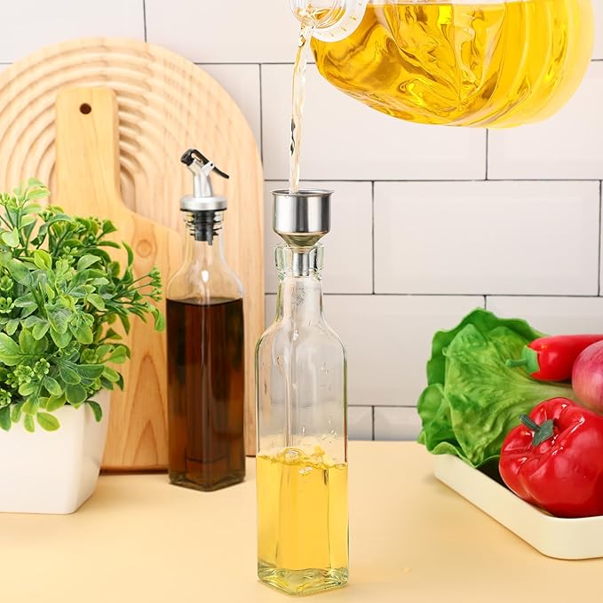 Hushee 15 Pcs Clear Glass Olive Oil Dispenser Bottles Sets Include 8oz Glass Bottle with Spout Oil Vinegar Cruet Container for Kitchen Stainless Steel Funnel Black Labels with White Pen(Silver)