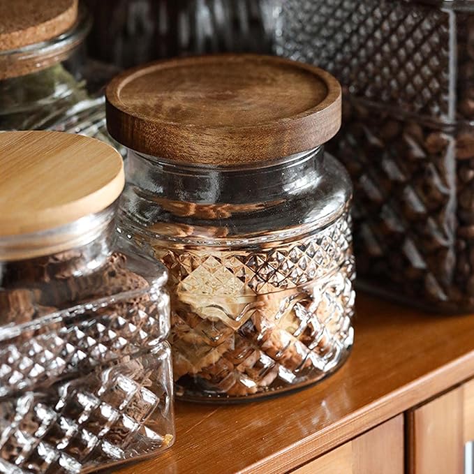 60 FL OZ Large Glass Storage Jar with Airtight Bamboo Wooden Lid - Food Storage Container for Candy, Snack, Coffee, Tea, Nuts, Cereal, Vintage Kitchen Containers