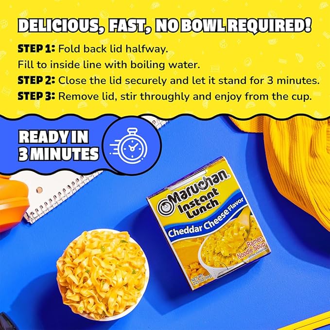 Maruchan Instant Lunch Ramen Noodles, Cheddar Cheese Flavor – Japanese-Style Instant Noodle Soup, Easy Meal Ready in 3 Minutes – 2.25 Oz. (12 Pack)