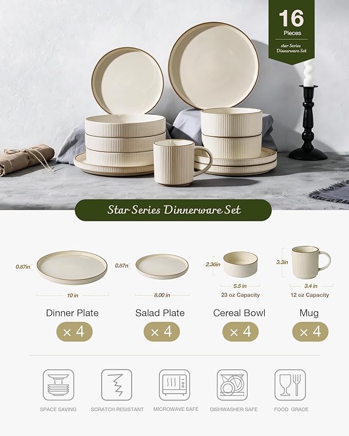 Famiware Star 16-Piece Stoneware Dinnerware Set with Trim, Service for 4 -Ceramic Mugs, Plates and Bowls, Modern Rustic Dishes with High Edge, Chip/Scratch Resistant, Microwave/Dishwasher Safe, Cream