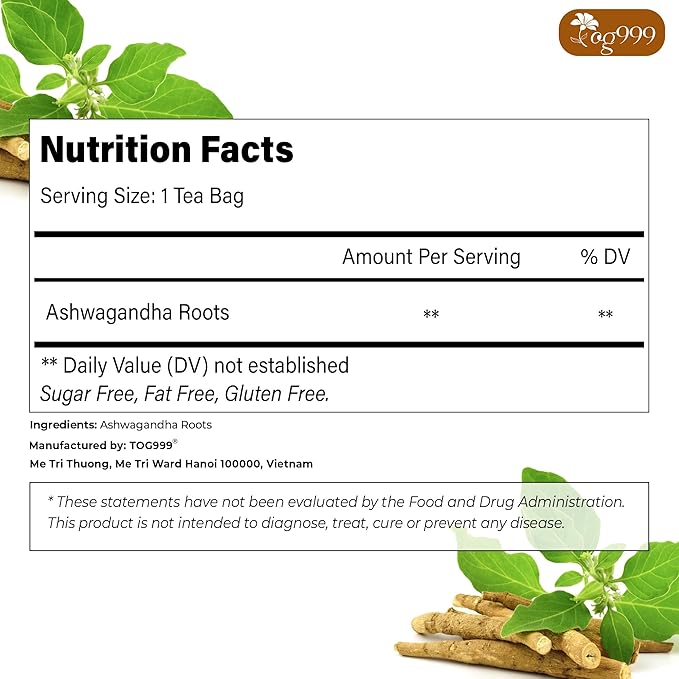 TOG999, Premium 120 Ashwagandha Root Tea Bags, 100% Natural & Pure, Ashwagandha Root Herbal Tea. No Sugar, No Caffeine, No Gluten, Vegan.